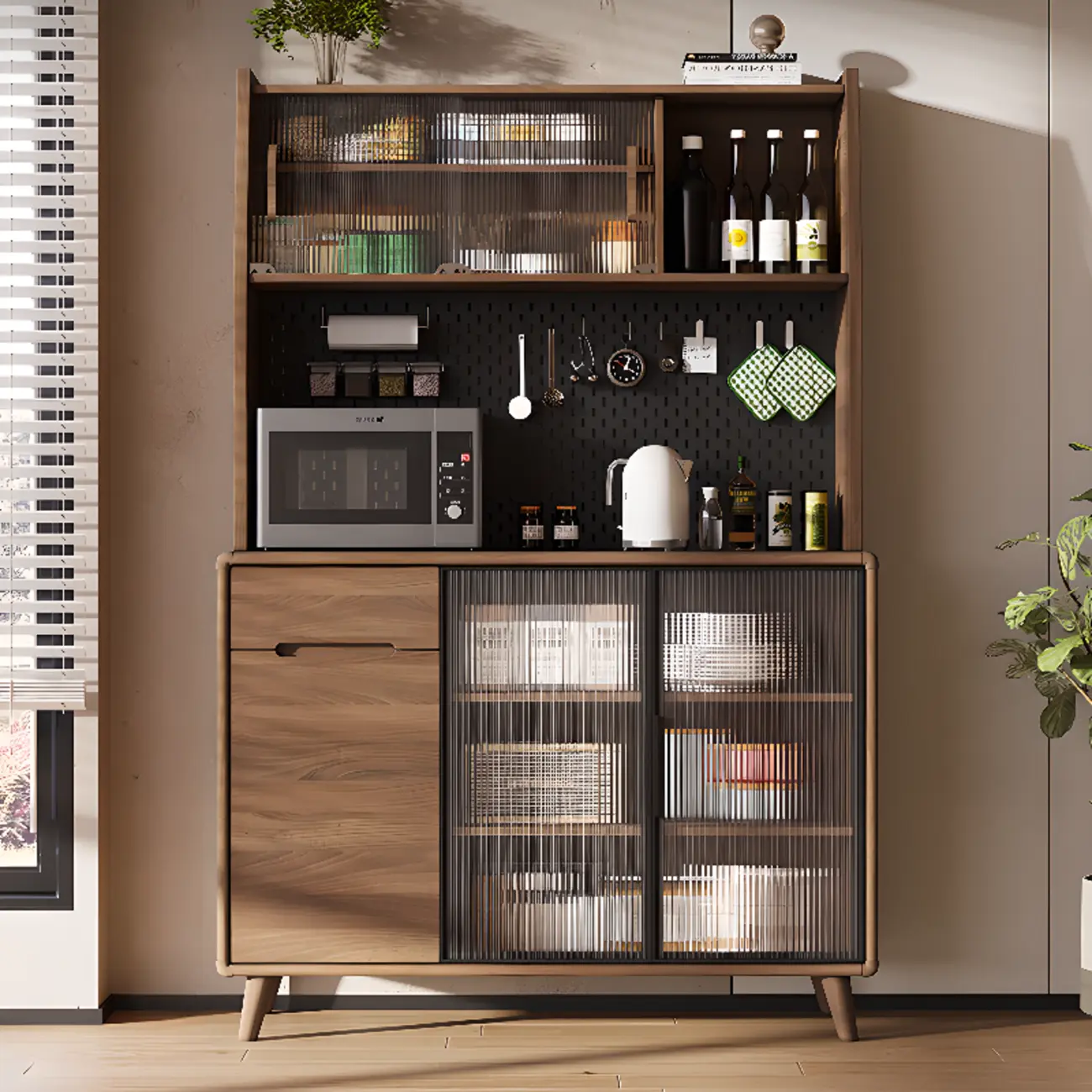 Kitchen Brown Wooden Hutch Top Sideboards with Pegboard Back
