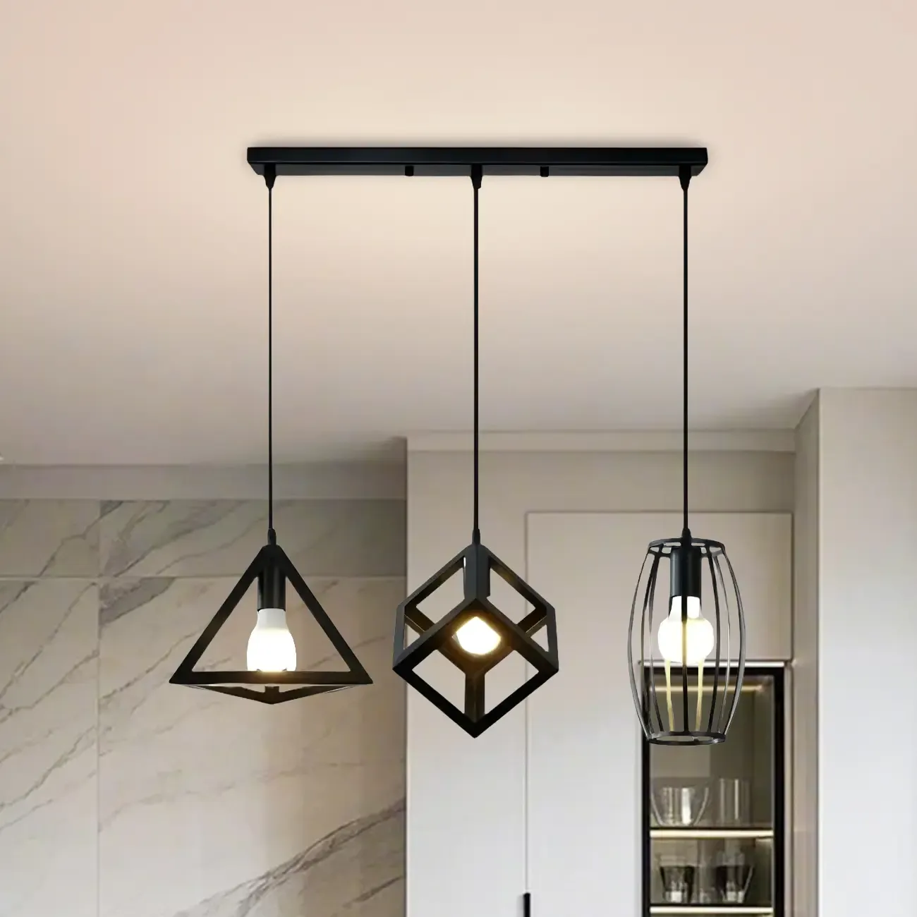 Industrial Black Geometric Adjustable Island Pendant Light