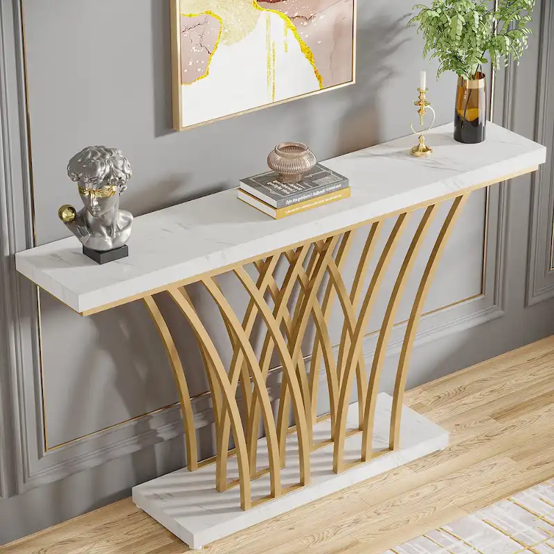 59 Inches Console Table,Gold and White Faux Marble Entryway Table