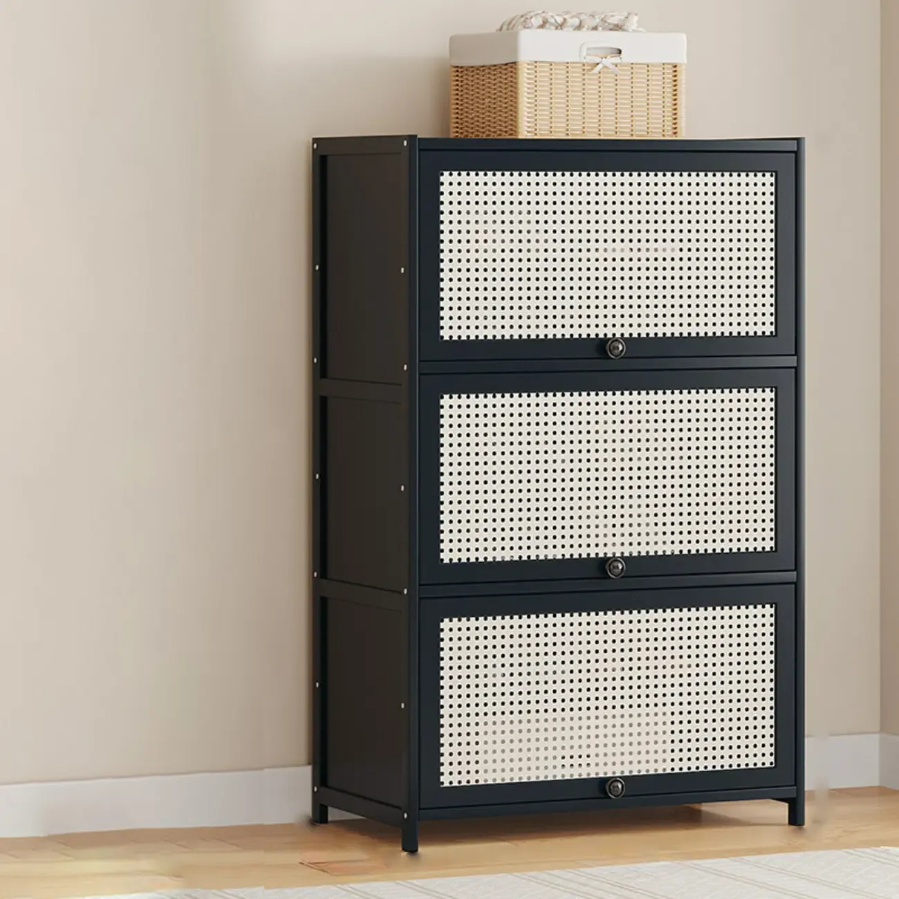 Modern Black Bamboo Shoe Cabinet with Rattan Panels