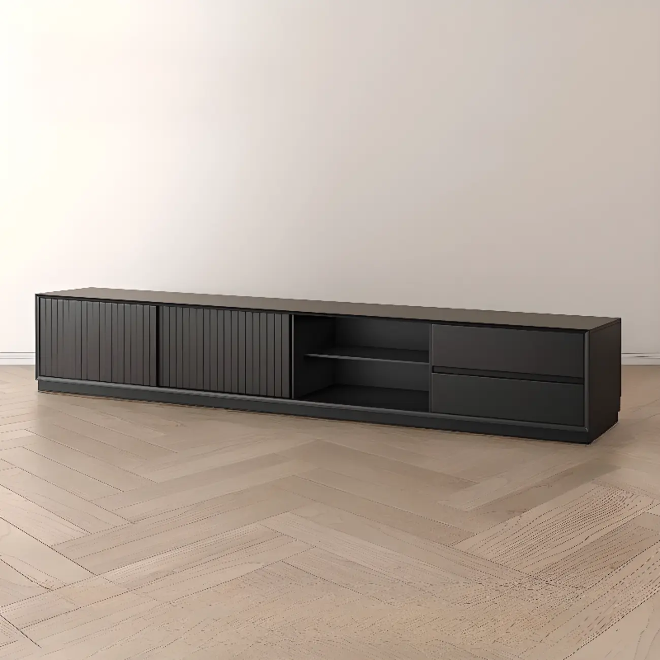Minimalist 2-drawer Black Wood TV Stand Sliding Doors