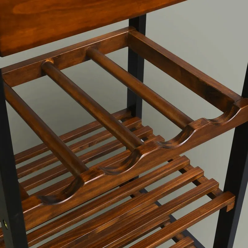 Solid Wood 4-Tier Rolling Kitchen Cart with Wine Rack and Drawer