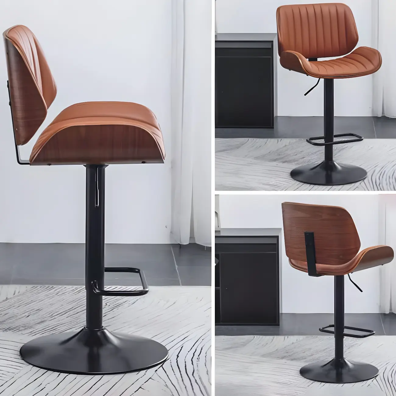Elegant Wood Leather Red Swivel Adjustable Bar Stool