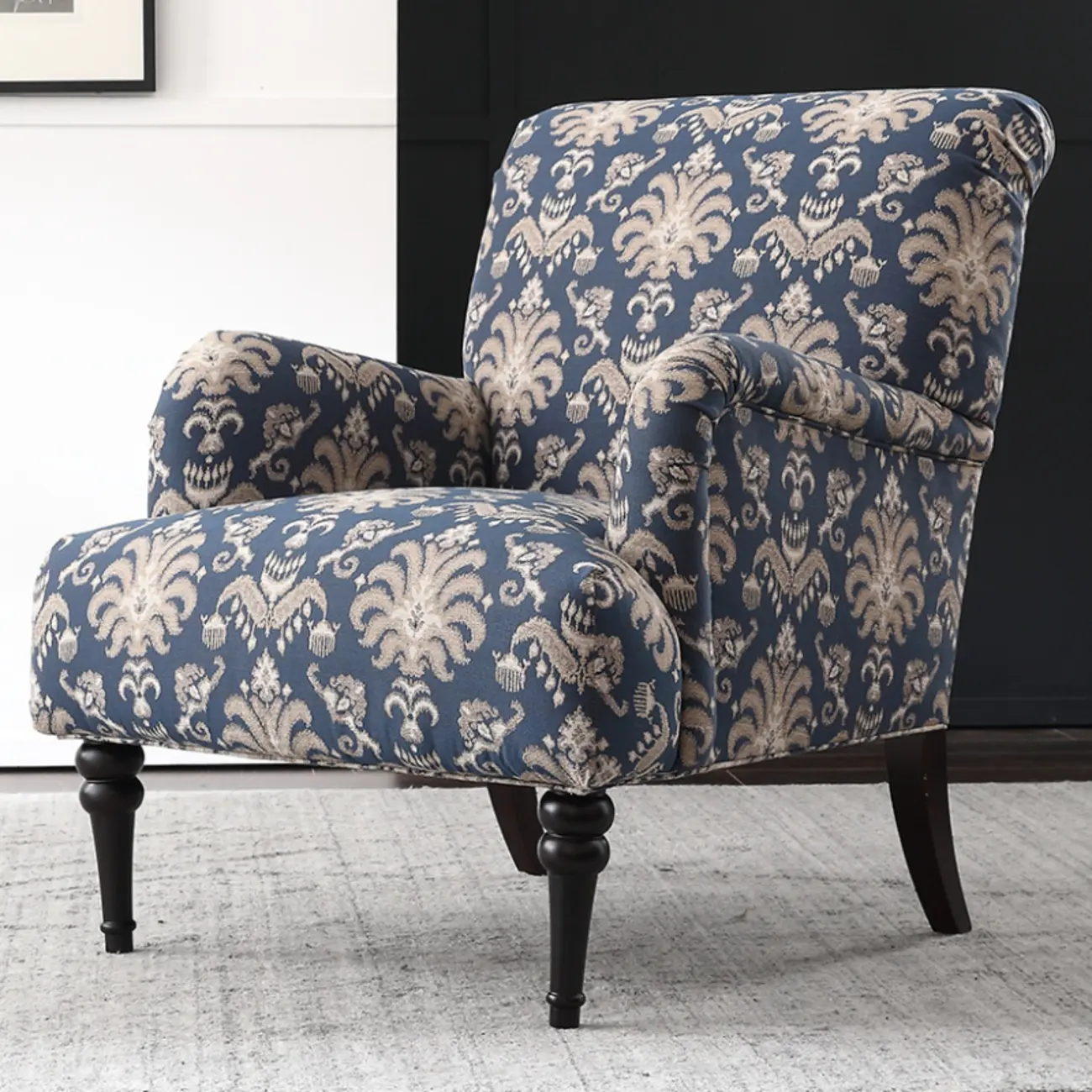Striped Fabric Barrel Chair in Cerulean with Armrests