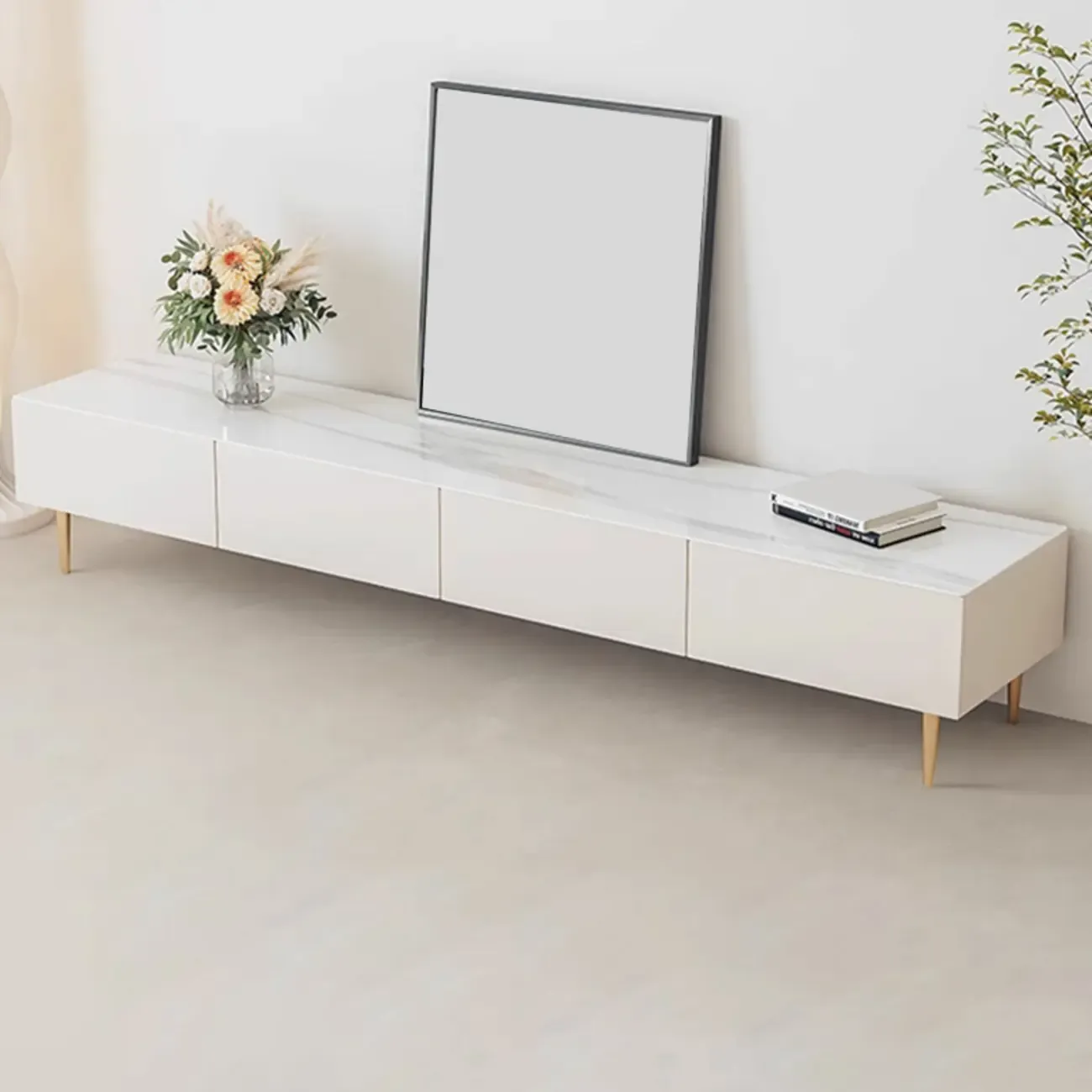 White Stone Cable Management Drawers TV Stand with Legs