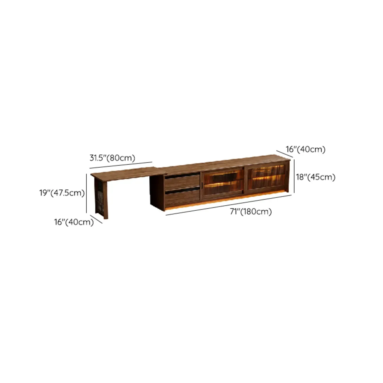 Extendable Long Brown Wood TV Stand with 2 Cabinets