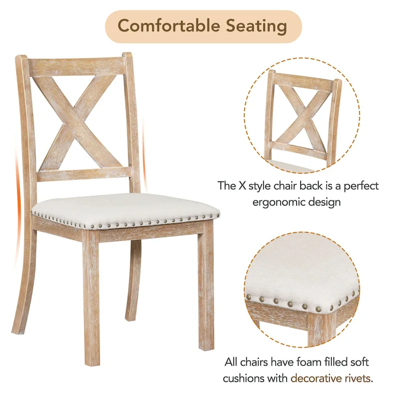 6-Piece Dining Table with Footrest, 4 Chairs and Dining Bench, Two 11 Removable Leaf