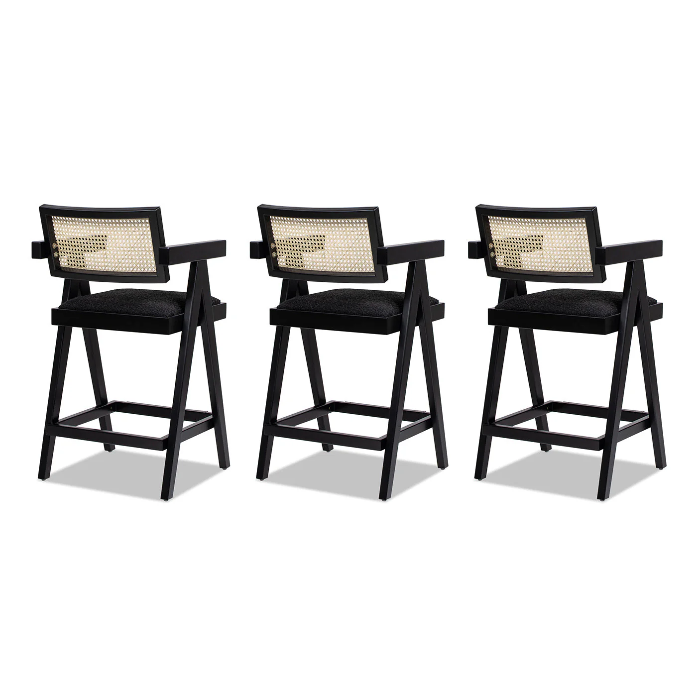 Milan 25.5' Modern Resin Webbing Back Boucle Bar Stool with Arms, Set of 3