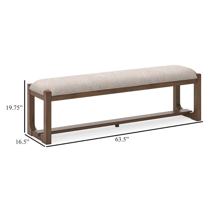 Cabal Large Dining Bench, Padded Beige Polyester, Brown Wood, 64 Inch