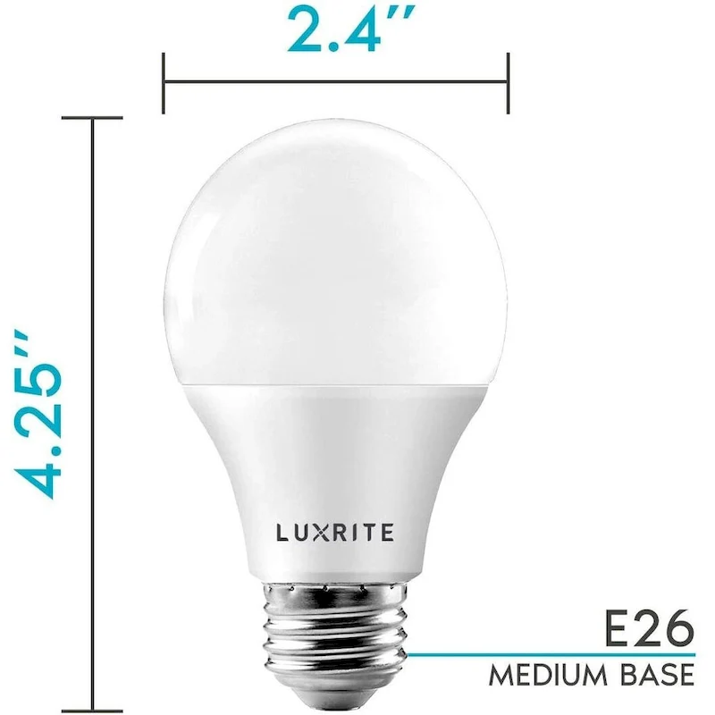 Luxrite A19 LED Light Bulb 60W Equivalent, Dimmable, 800 Lumens, Enclosed Fixture Rated, Energy Star, E26 Base (4 Pack)