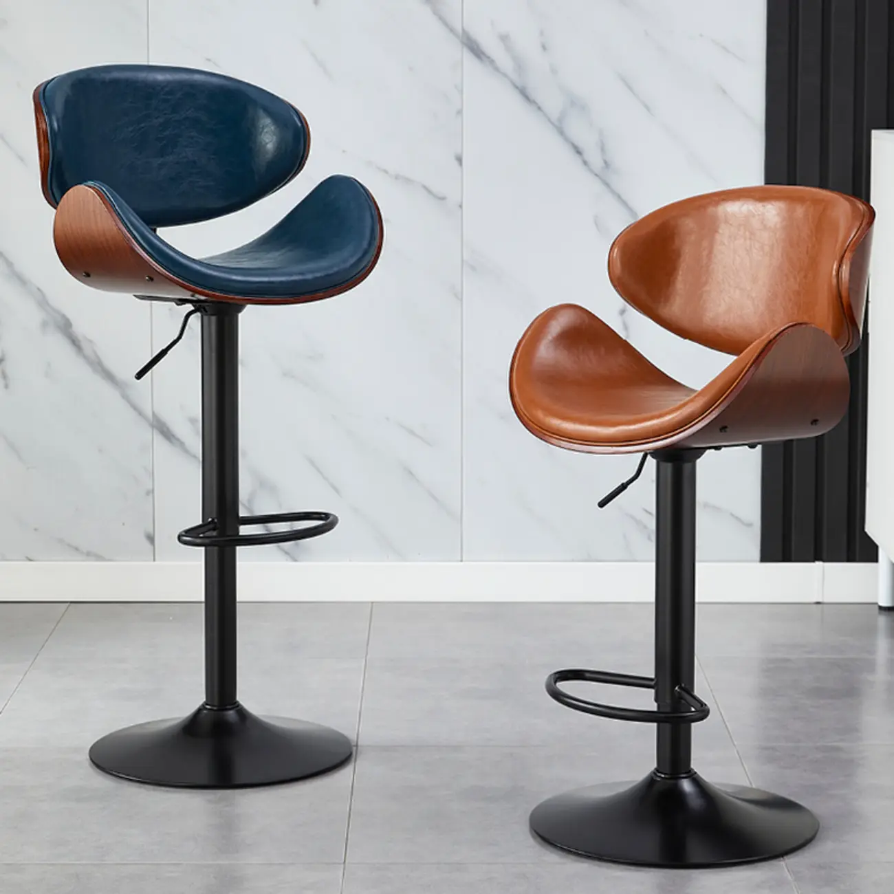 Bucket Adjustable Swivel Leather Bar Stools