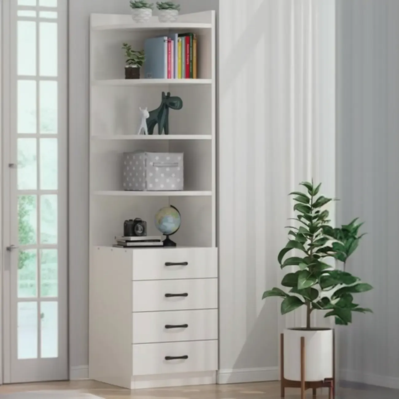 Modern White Wood Space-Saving Corner Storage Chest