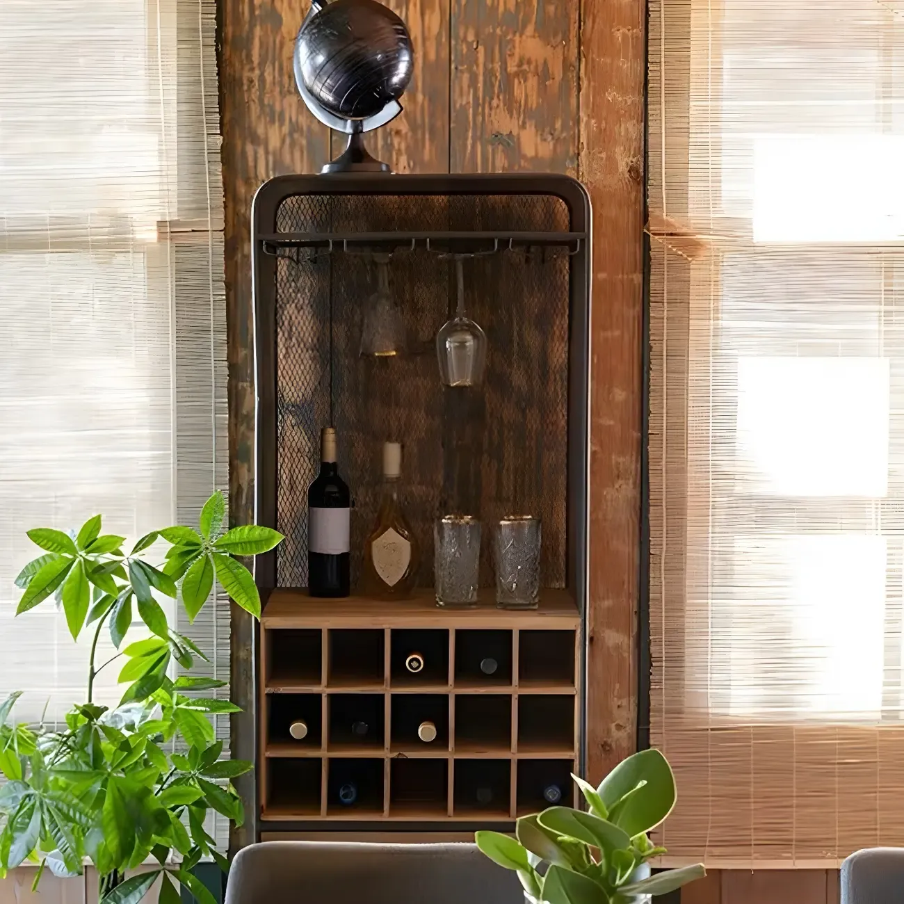 Industrial Brown Wood Wine Rack with Glass Holder and Drawers