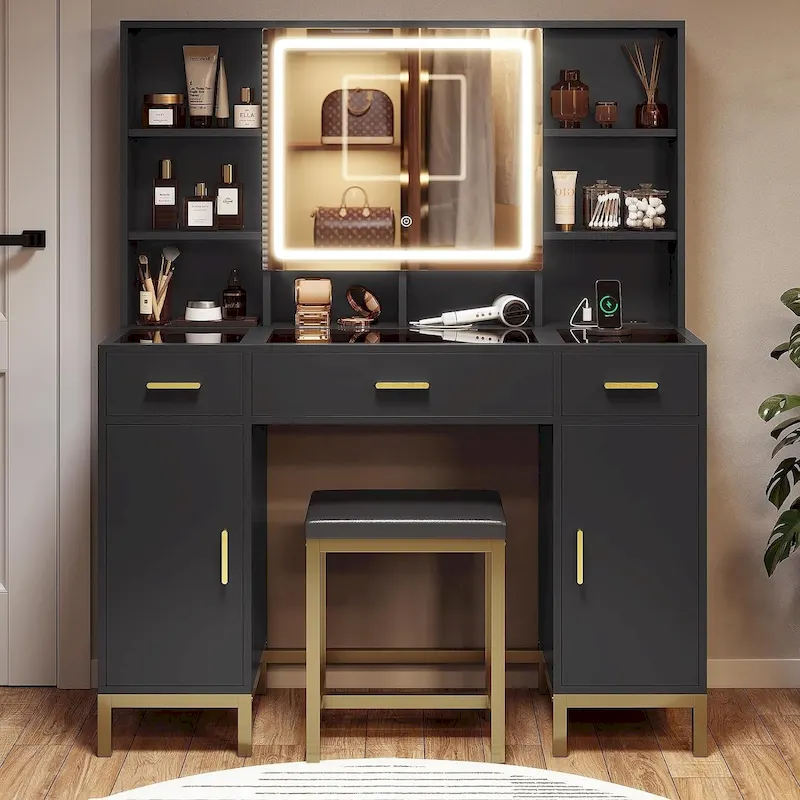 Makeup Vanity Set with Lights in 3 Colors Glass Desktop