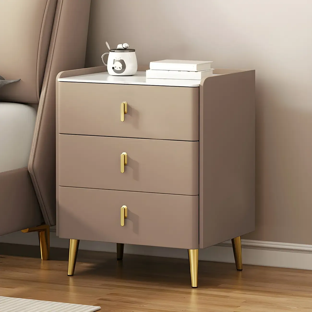 Modern Faux Leather 3 Drawers Nightstand with Stone Top