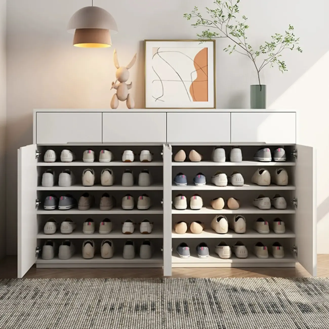 Trendy Large White Wood Hallway Shoe Cabinet