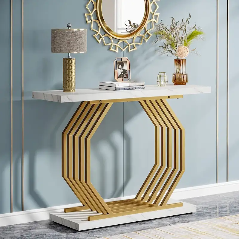 Gold Console Table, Faux Marble Entryway Table Narrow Sofa Table with Geometric Metal Base, 40 Inch Modern Accent Table