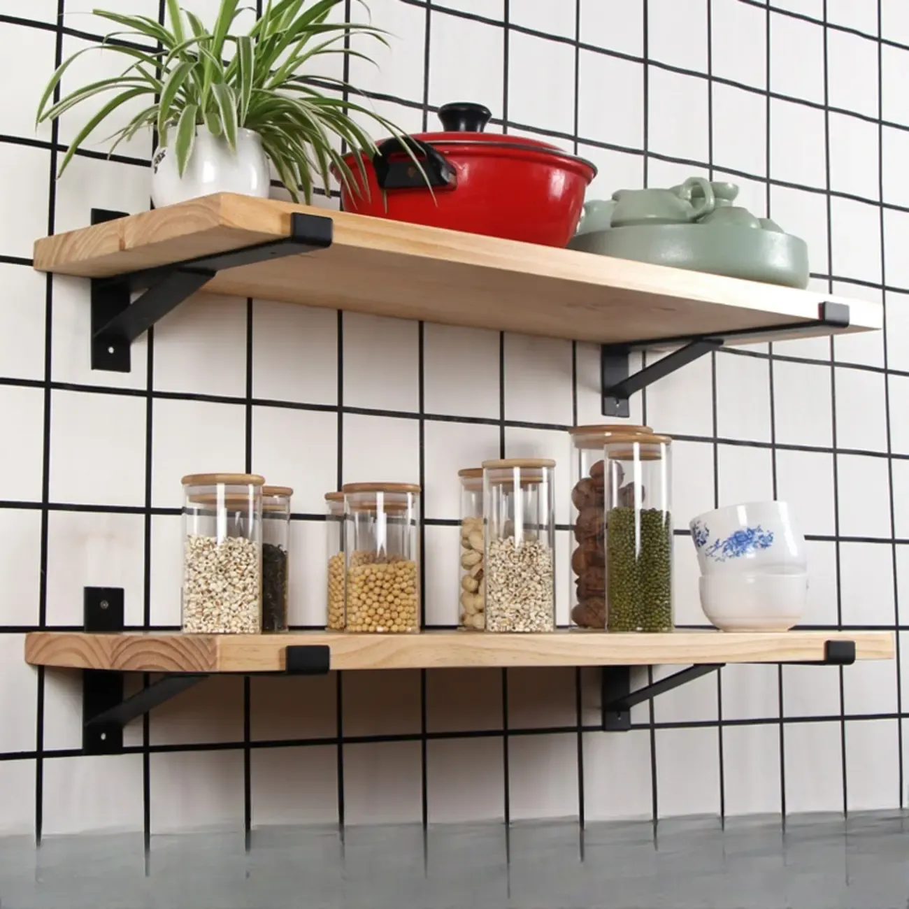 Kitchen Natural Pine Wood Wall-Mounted Storage Racks