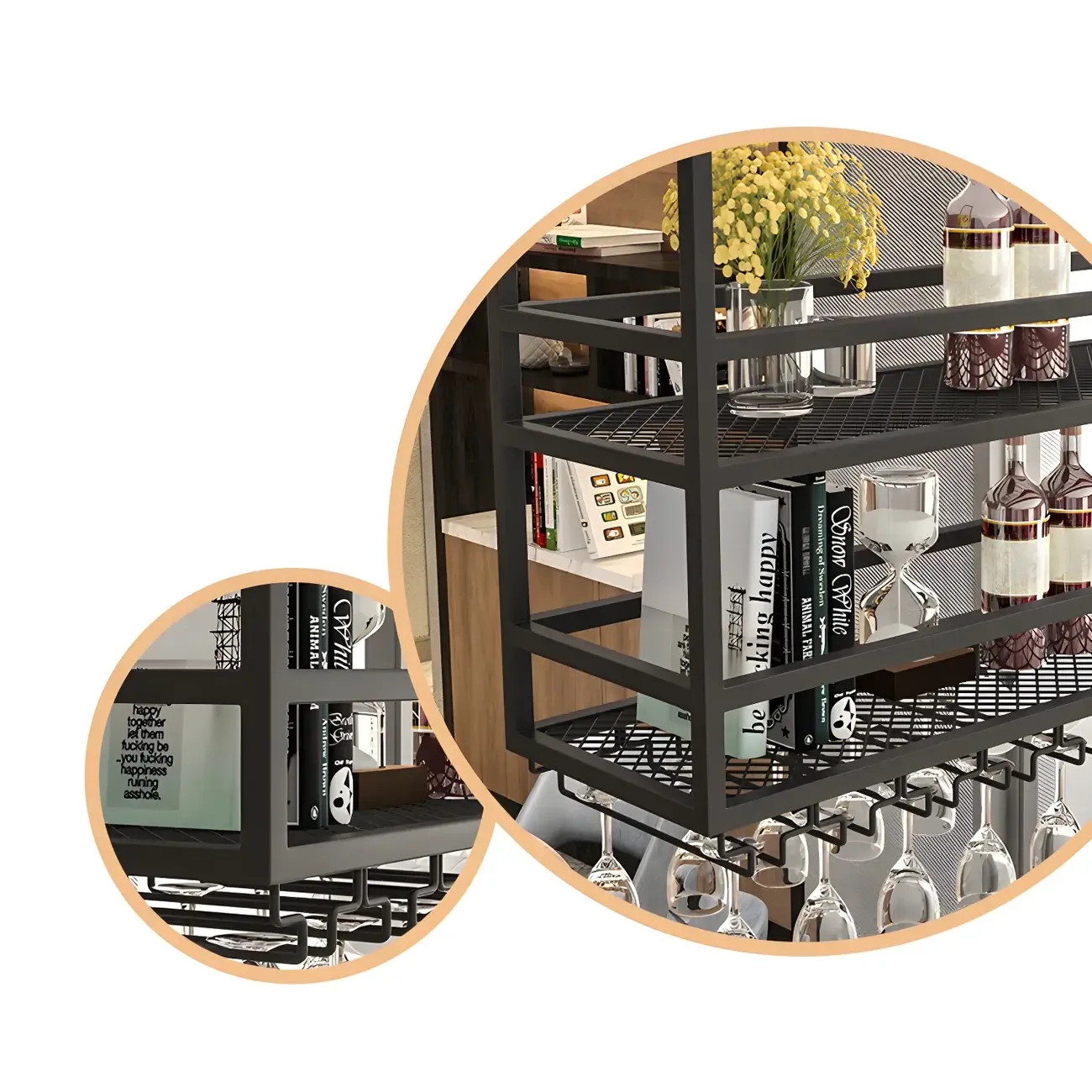 Black Metal Large Hanging Wine Rack with Glass Holder