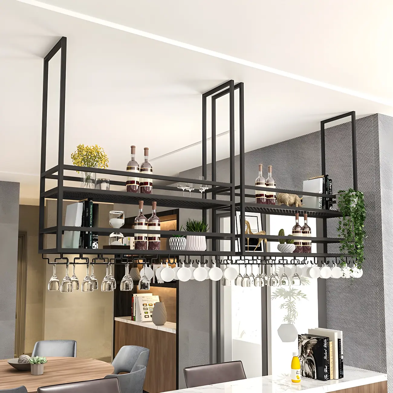 Black Metal Large Hanging Wine Rack with Glass Holder