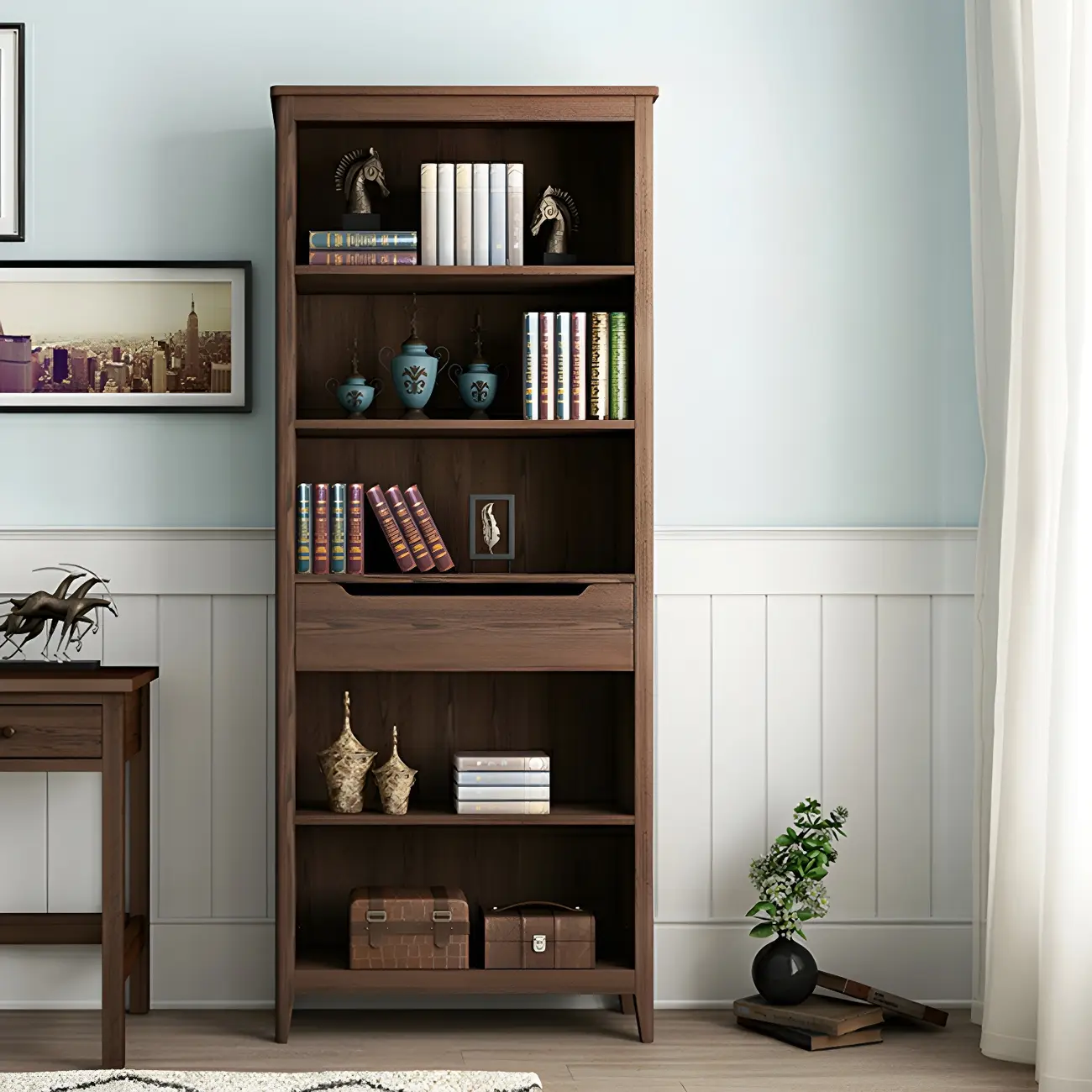 Modern Wooden Bookcase with Adjustable Shelves and Drawers