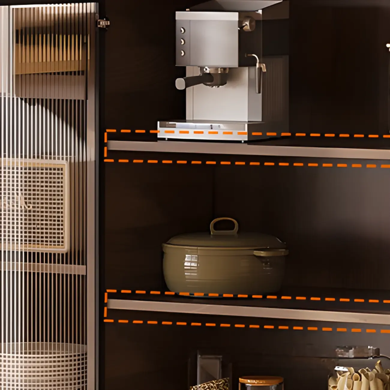 Kitchen Brown Wooden Hutch Top Sideboards with Pegboard Back