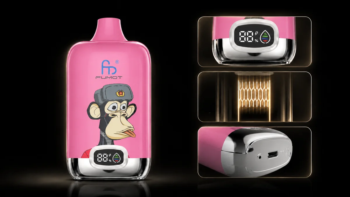 Fumot Digital Box 12000 Strawberry Donut Vape Funktionsdetails mit Display, Mesh Coil und Ladeanschluss