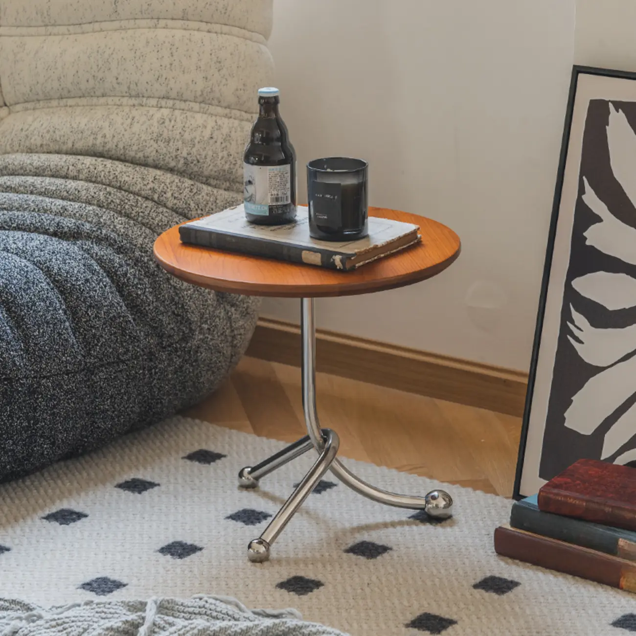 Modern Wood Round Top Triangular Silver Side Table