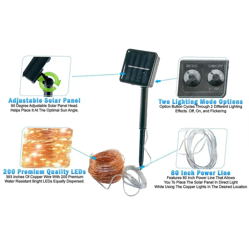 200 LED Solar Powered Copper Wire String Led Strip Fairy Garland Outdoor Light