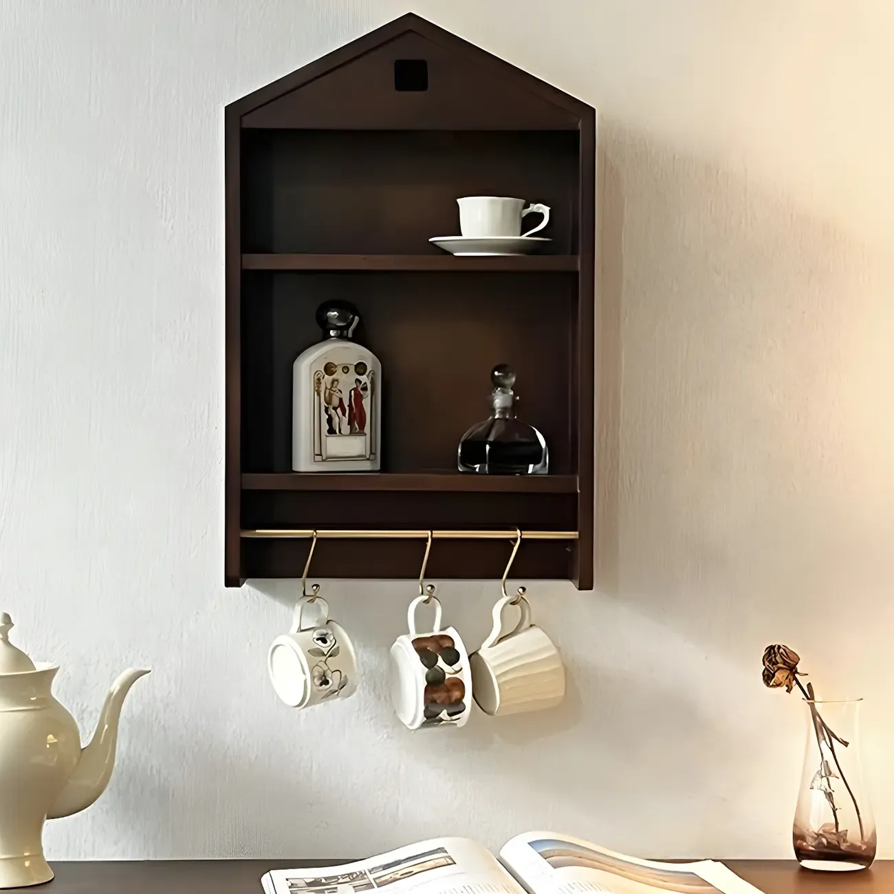 Classicial House-shaped 2 Shelves Floating Wood Display Cabinet