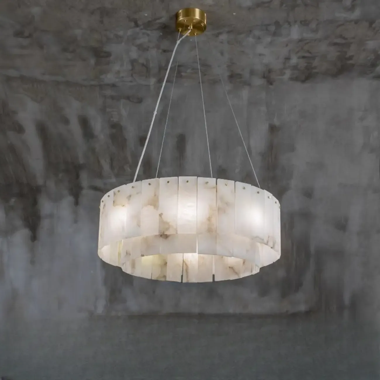 2-Tiers White Metal Circle Alabaster Drum Chandelier