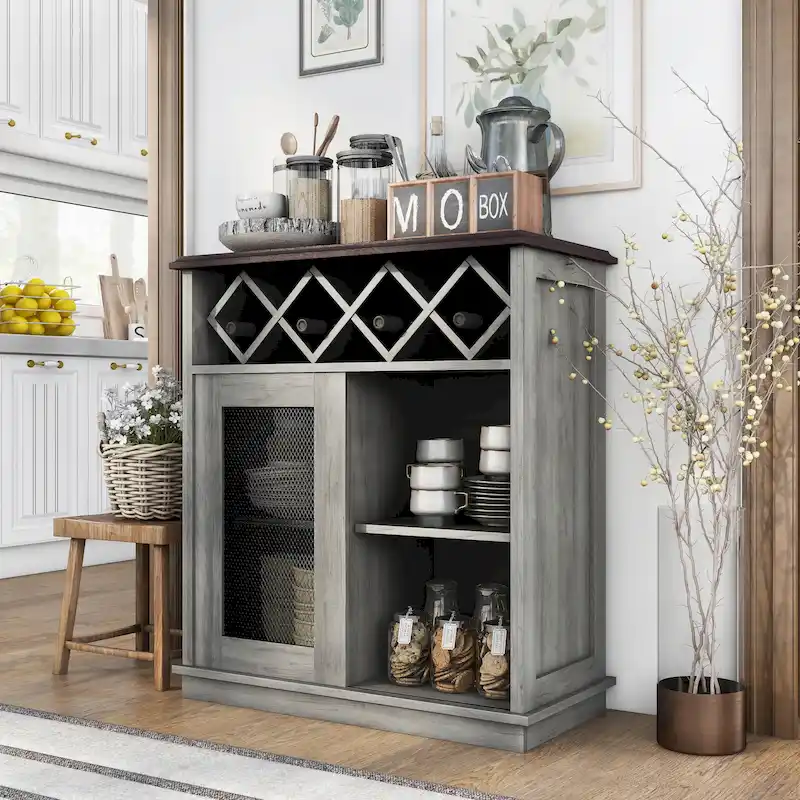 DH BASIC Farmhouse Four Shelf and Four Bottle Lattice-like Wine Buffet by Denhour