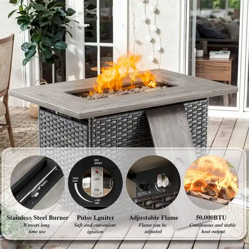 Propane Fire Pit Table Patio Chair Ottoman Sets - Grey