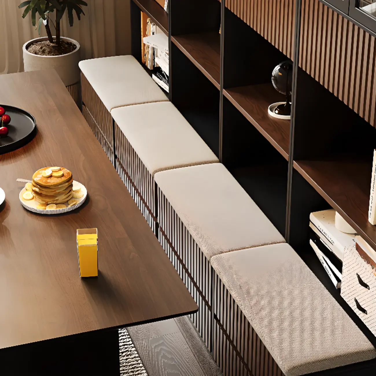 Tall French Country Display Wooden Bookcase with Cushioned Bench