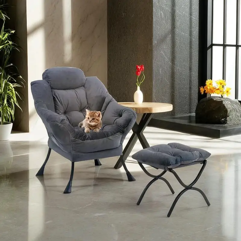 Modern Cotton Thick Padded Lazy Chair With Folding Ottoman