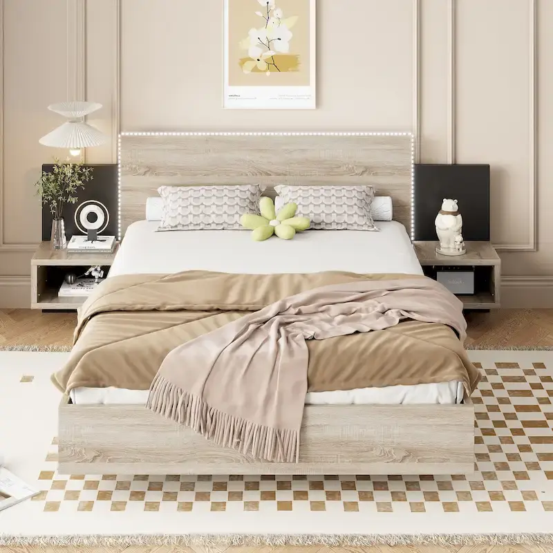Queen Floating Bed Frame Modern Wooden Platform Bed with 2 Bedside Nightstand and LED Lights, No Box Spring Needed