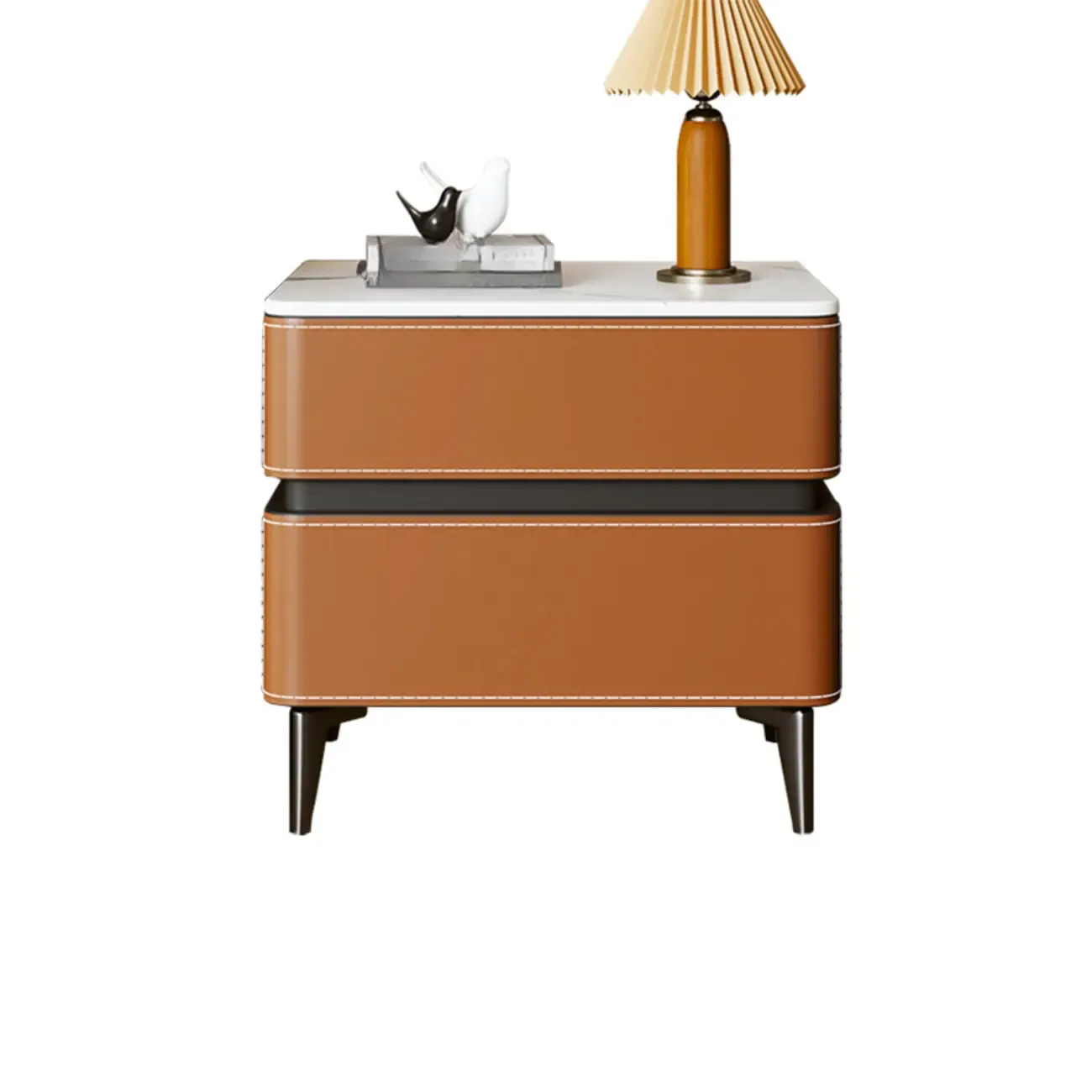 Modern Faux Leather Stone Top 2-Drawer Nightstand