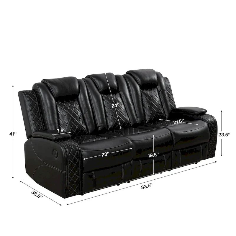 Modern 3-Piece Leather Recliner Sofa Set with LED, Wireless Charging