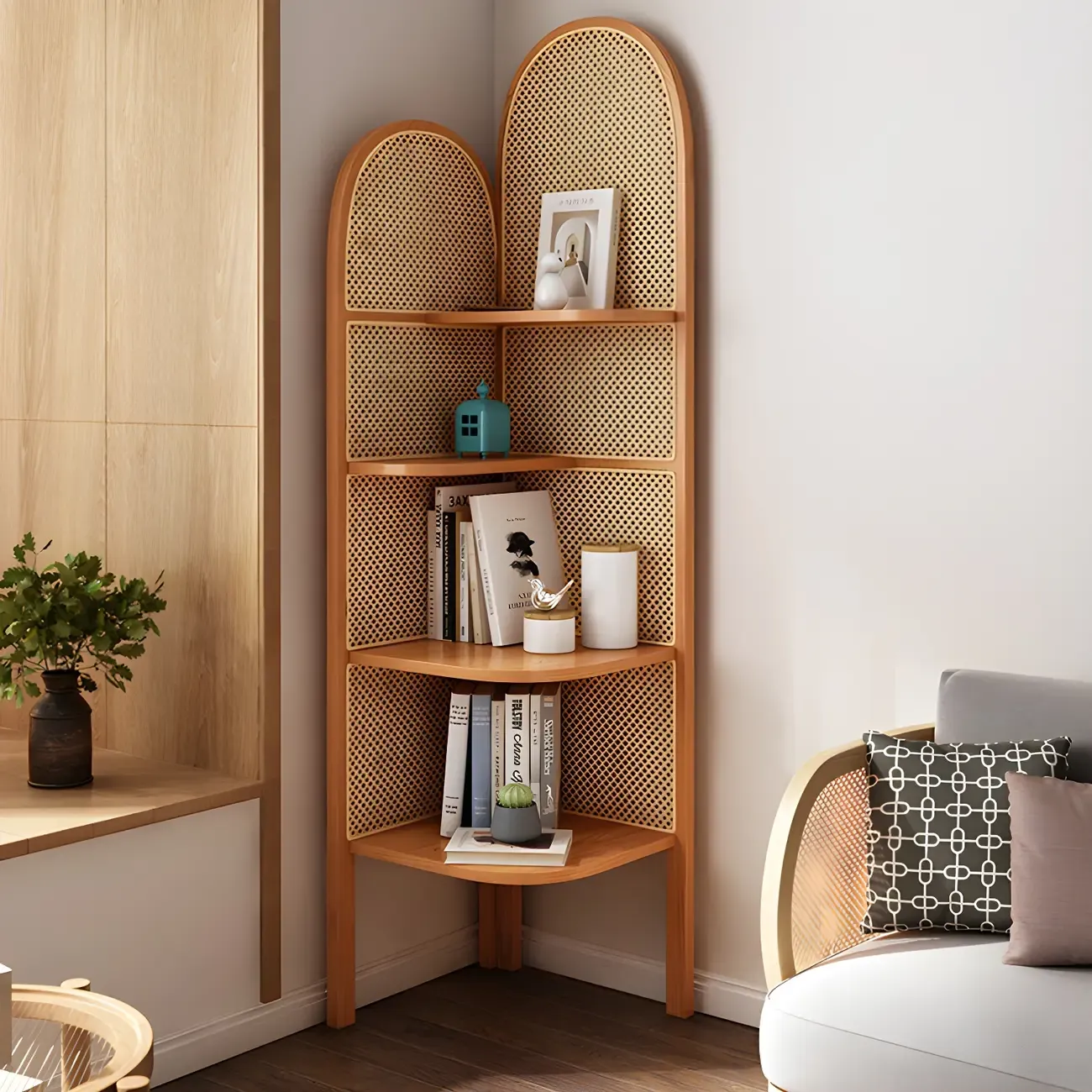 Rattan Wooden 4-tier Corner Bookcase with Closed Back