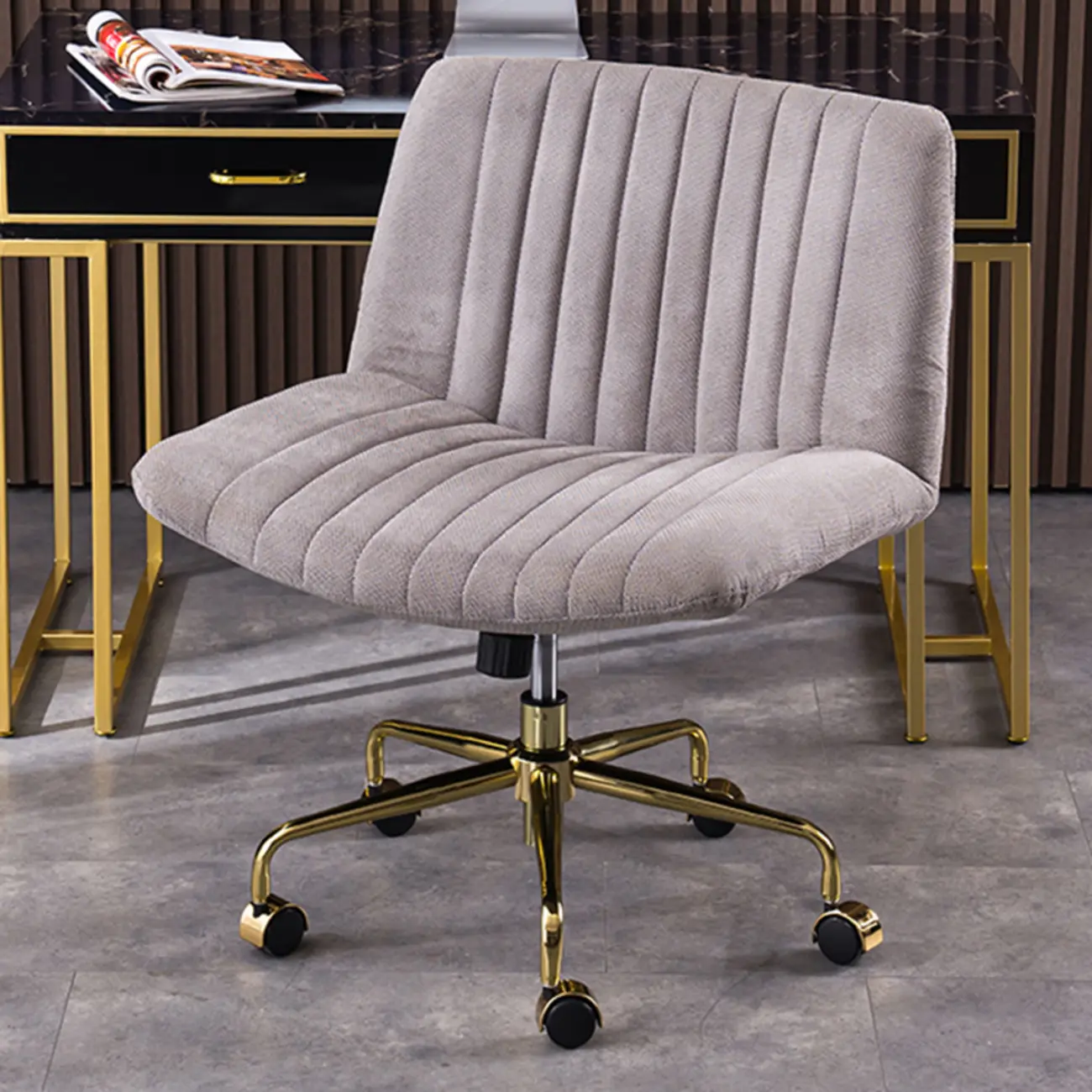 Elegant Gray Linen Upholstered Swivel Office Chair