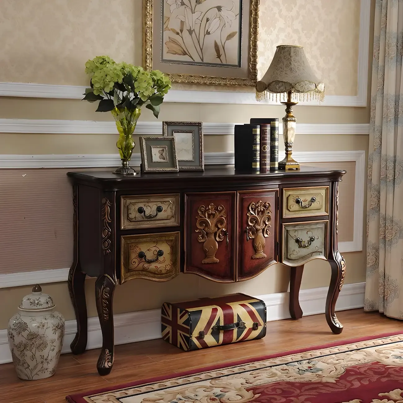 French Coffee Wood Storage Console Table with Drawers