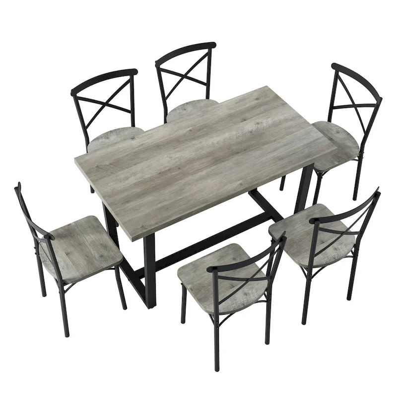 Modern Style 7-Piece Dining Set with Rectangular Table and 6 Cross Back Dining Chairs