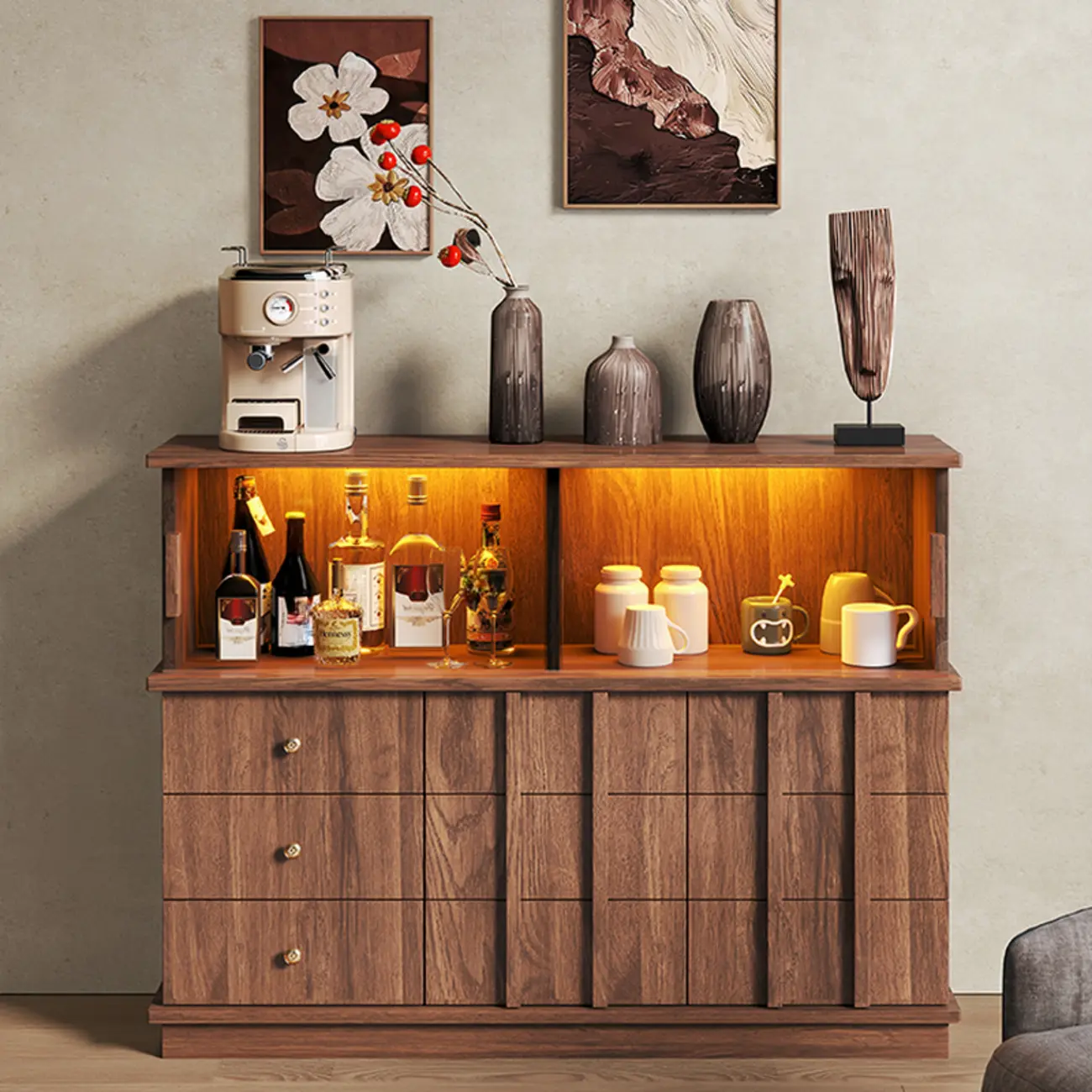 Modern Nut-brown Freestanding Wood Wine Bar Cabinet