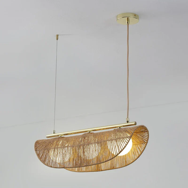 Sovev 3-Light Brass Bohemia Dimmable Linear Globe Pendant Light with Frosted Glass Rattan Shade