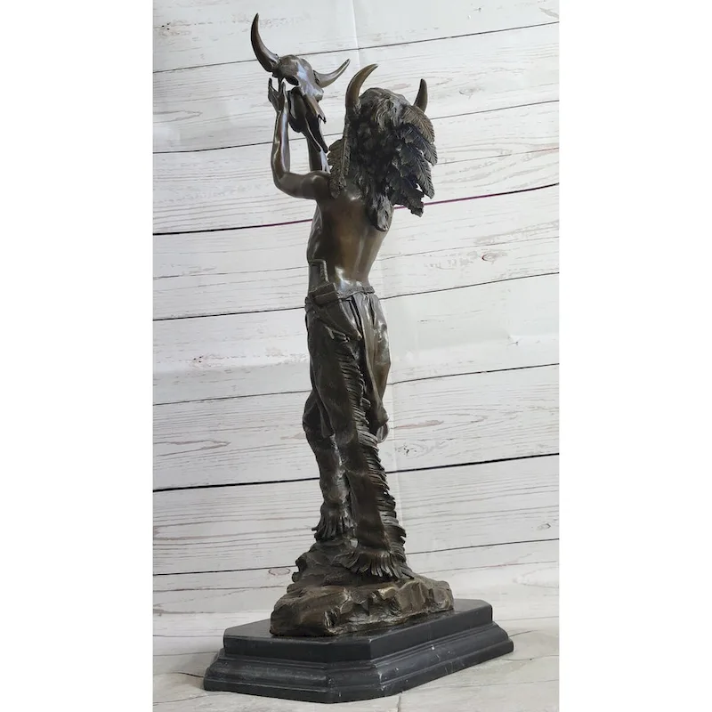 Native American Indian Shaman Medicine Man Holding Bison Skull Bronze Statue Sculpture 23 Inches X 11 Inches