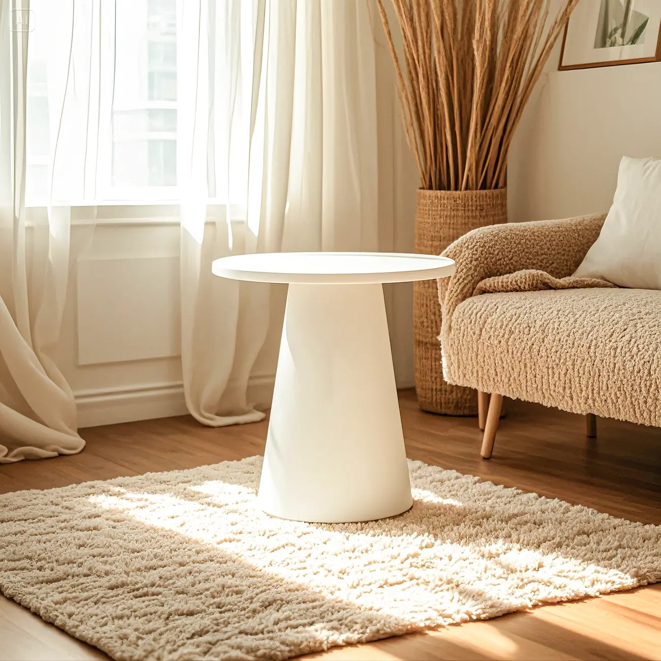 Minimalist Round White Wood End Table for Living Room