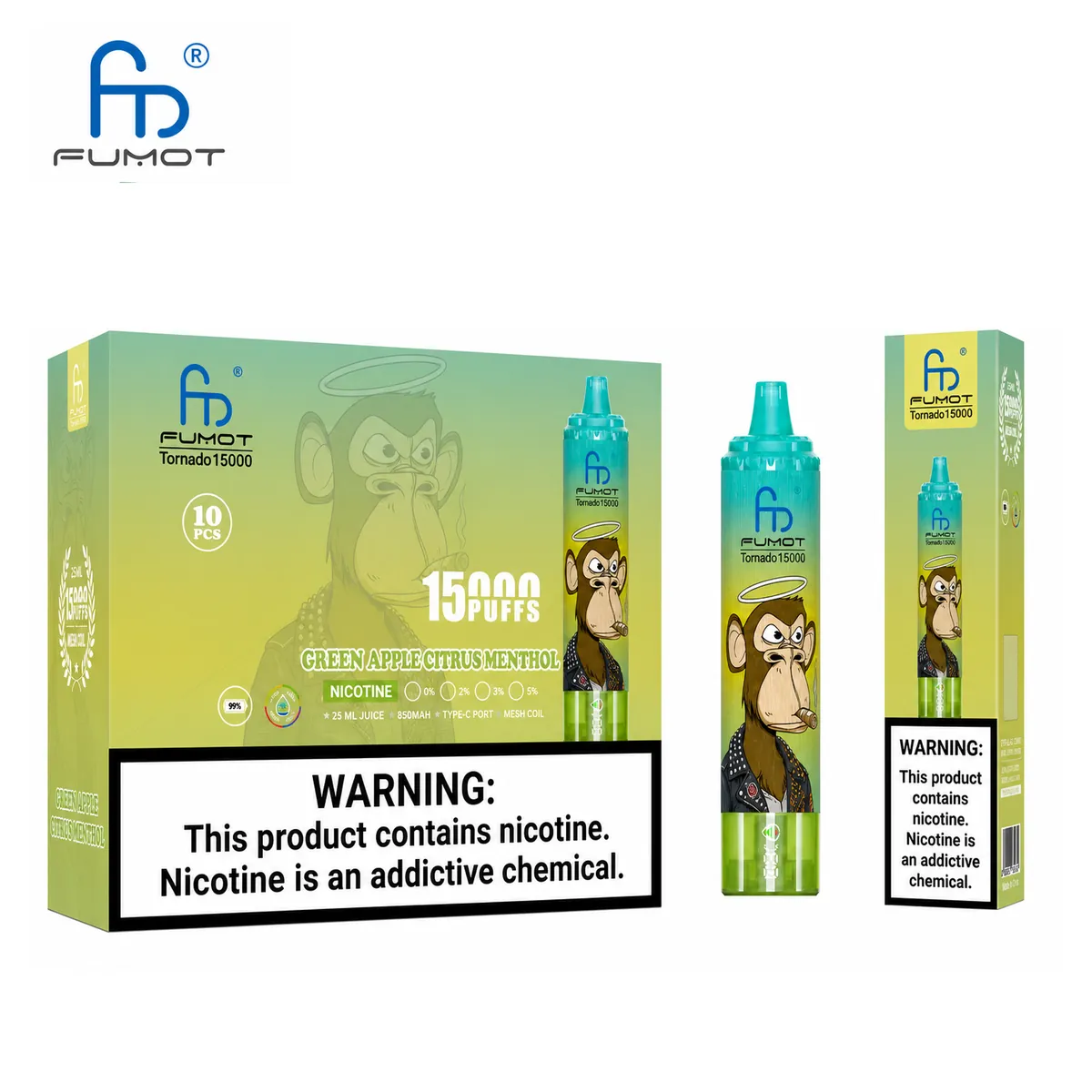 Fumot Tornado 15000 Green Apple Citrus Menthol – 10er-Displaybox mit Einweg-Vape und Einzelpackung