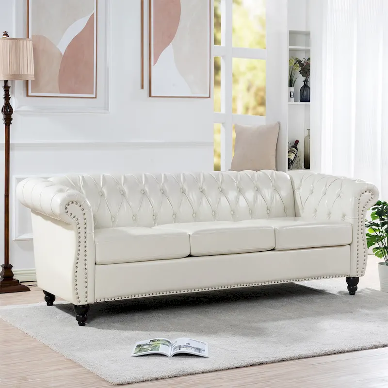 White 84.65 Chesterfield PU Leather 3-Seater Sofa with Button Tufted Backrest
