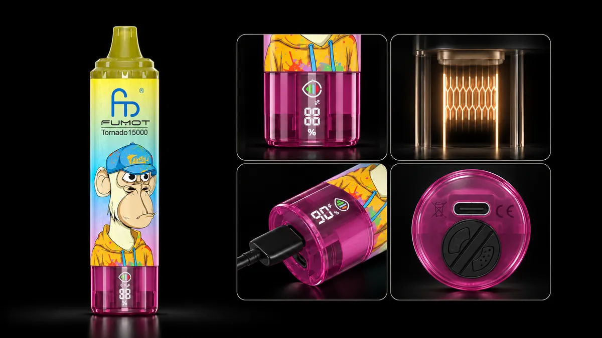 FUMOT Tornado 15000 Skittles – Detailansichten von Display, Heizsystem, USB-C-Anschluss und Luftregulierung