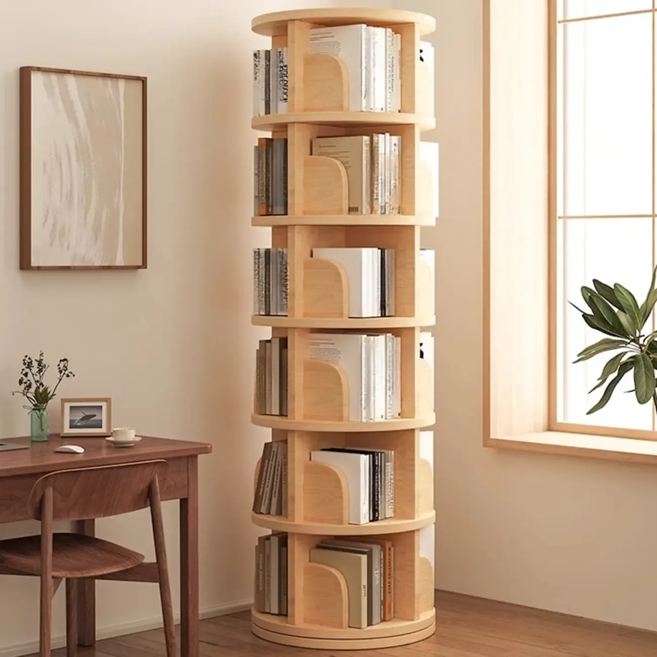 Narrow Modern Natural Wood Vertical Etagere Bookcase